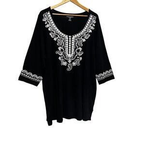 Woman Within Boho Peasant Tunic Top 2X Black White Embroidered Cottage Artsy